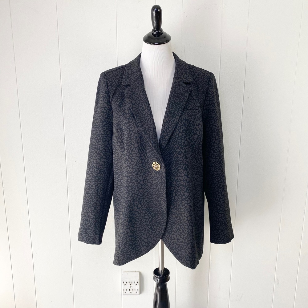 Soft Surroundings Black Leopard Print Blazer Gold Button Large Petite LP
